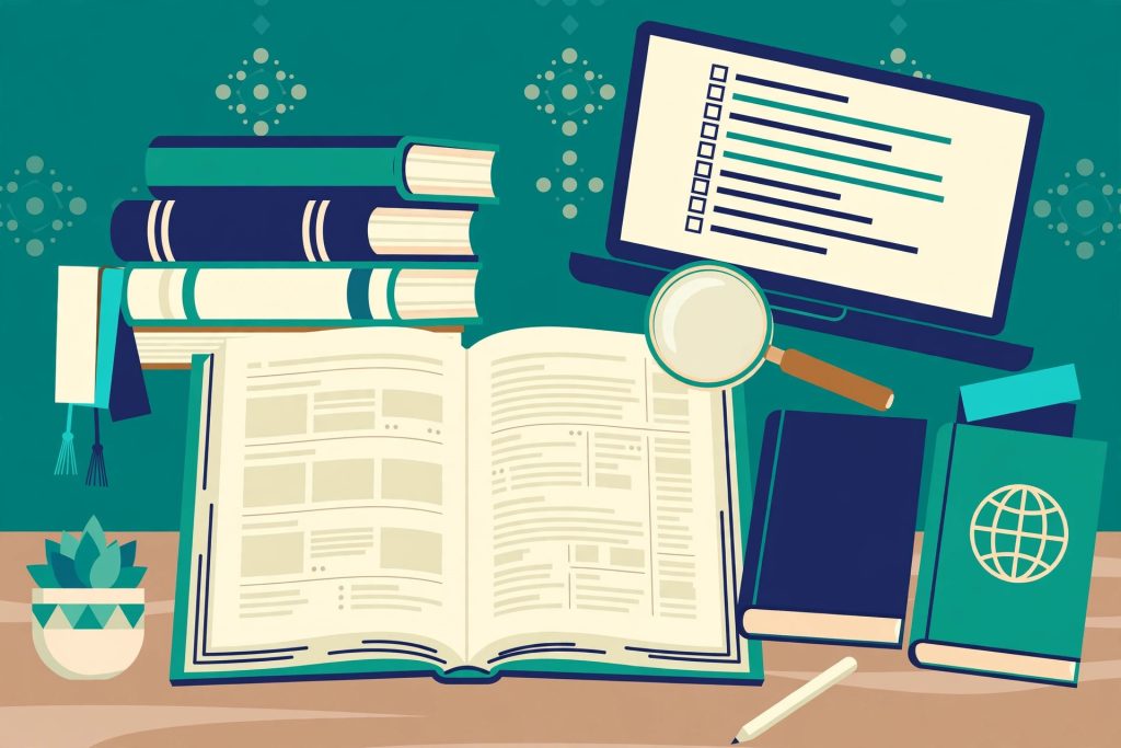 Ilustrasi buku referensi terbuka dengan tumpukan buku rujukan, kamus, atlas, dan kaca pembesar
