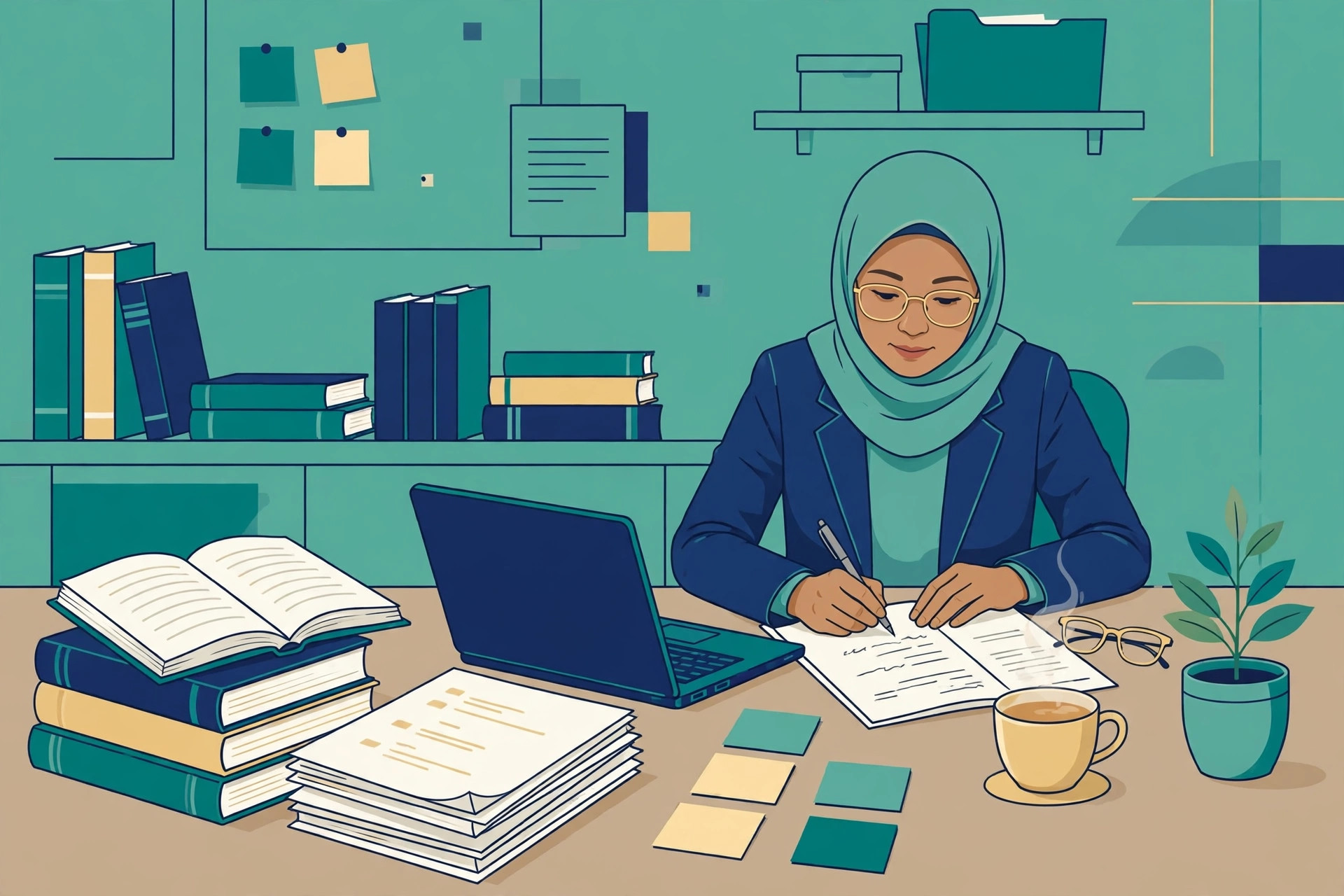 Ilustrasi dosen dan peneliti sedang menulis naskah buku referensi secara sistematis